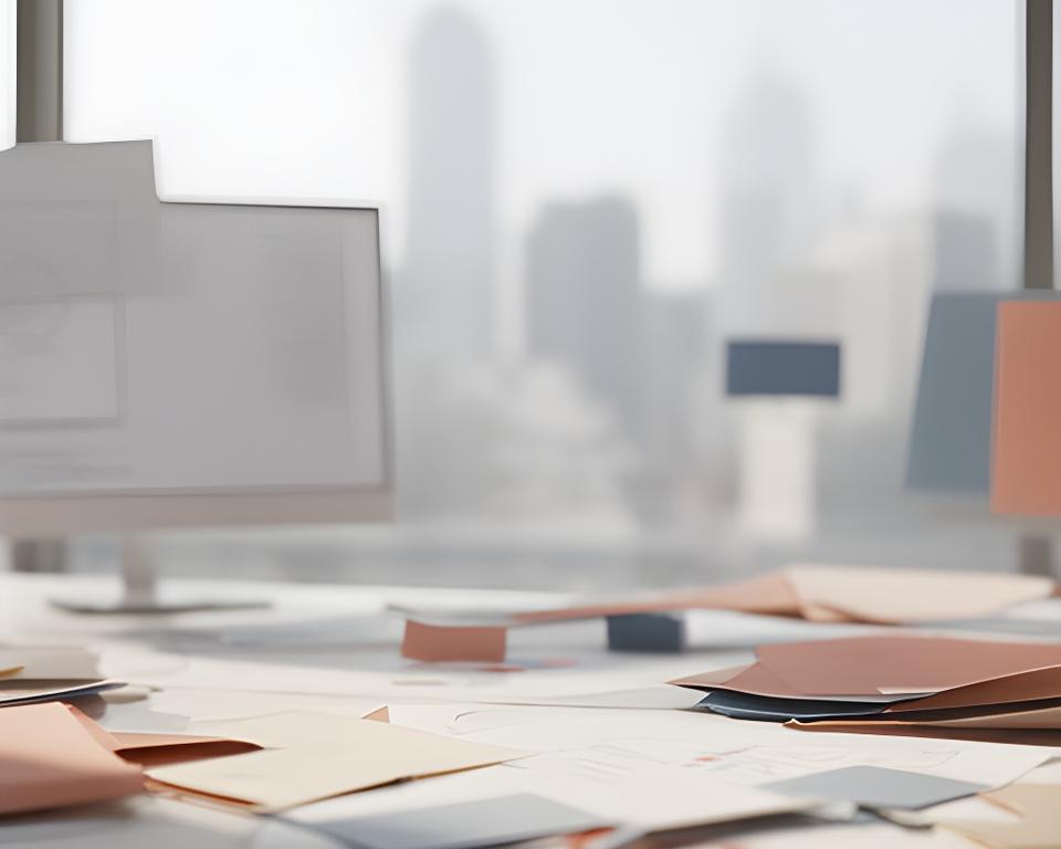 A bright Glendale office workspace with database software planning materials and a subtle local cityscape view