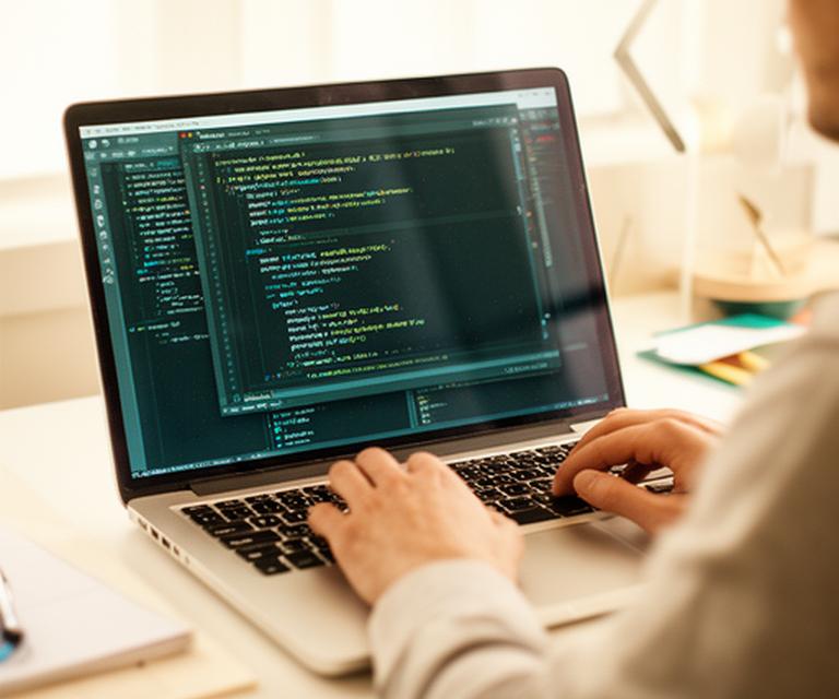 Developer reviewing SQL queries on a bright desktop setup with a compact visual editor and layered code panels