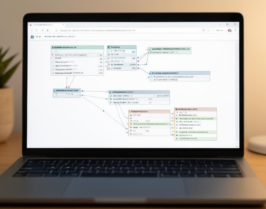Annotated database schema preview on a laptop screen showing table changes, relationships, and a highlighted migration script