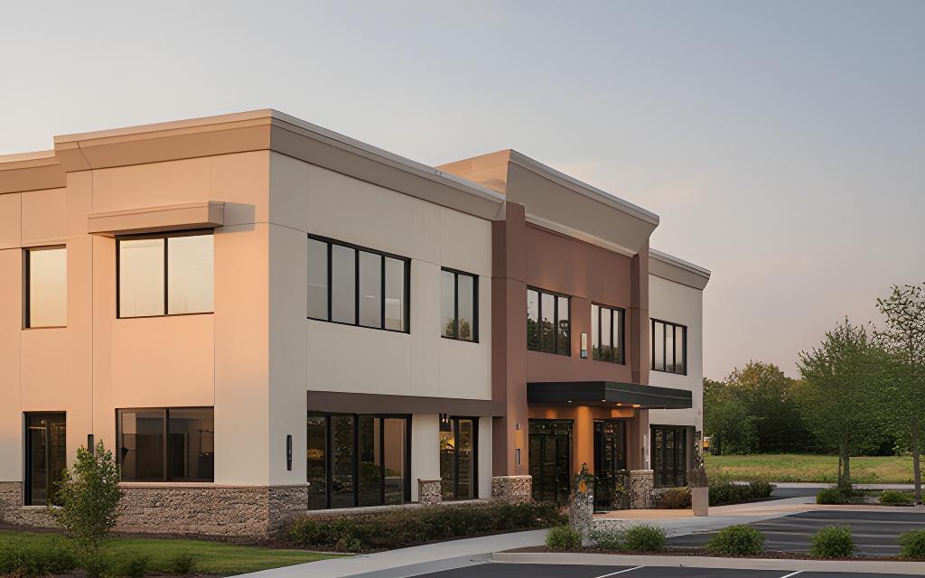 Modern office exterior in Glendale, Wisconsin with warm evening light and visible parking area