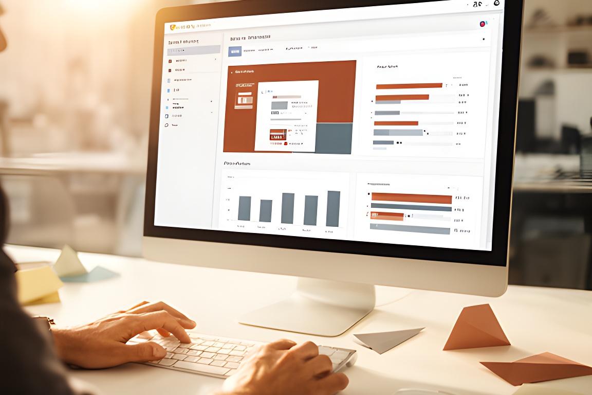 Database dashboard on a modern workstation in a bright office with warm light and clean charts