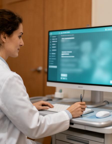 Clinic administrator reviewing secure database access settings beside a medical workstation