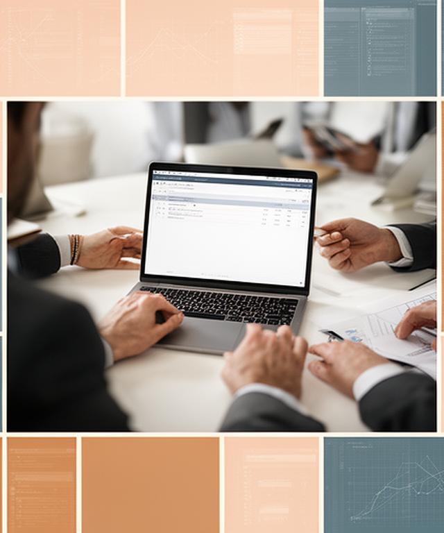 Business professionals reviewing structured database records on a laptop in a modern office