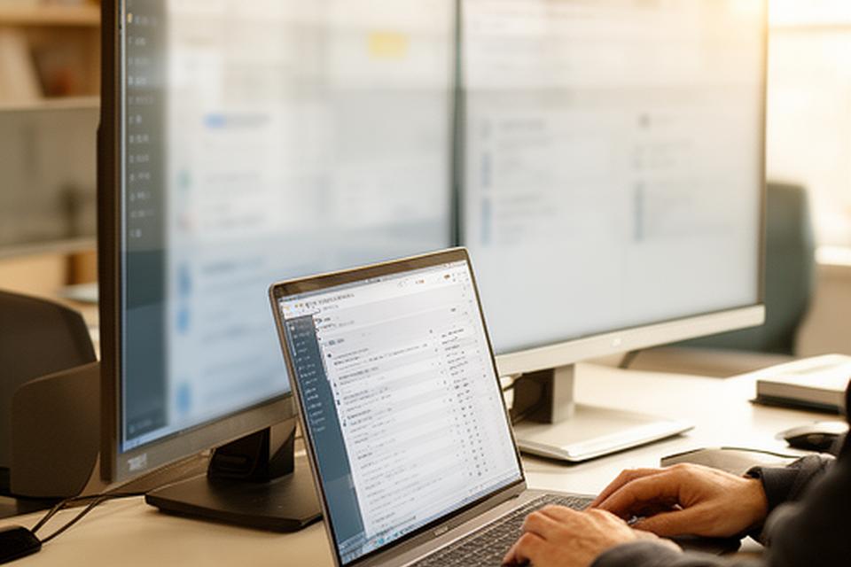 Database specialist configuring HeidiSQL on a laptop in a bright Glendale office with a clean dual-monitor workstation