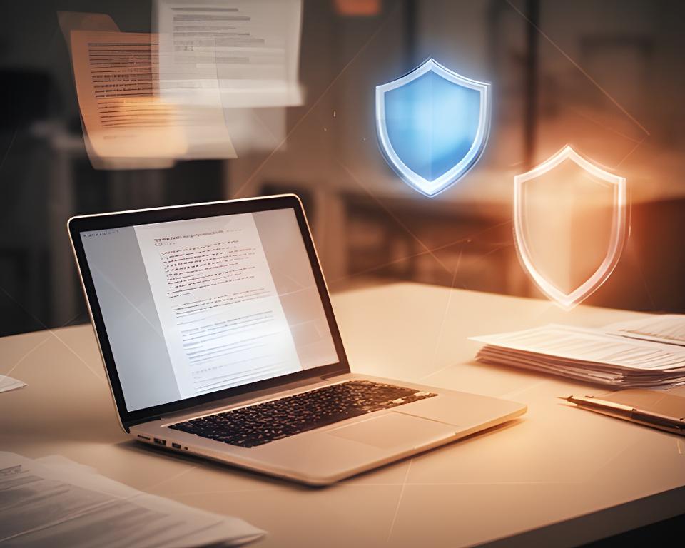 Secure database workspace with a laptop, privacy documents, and a softly lit office desk