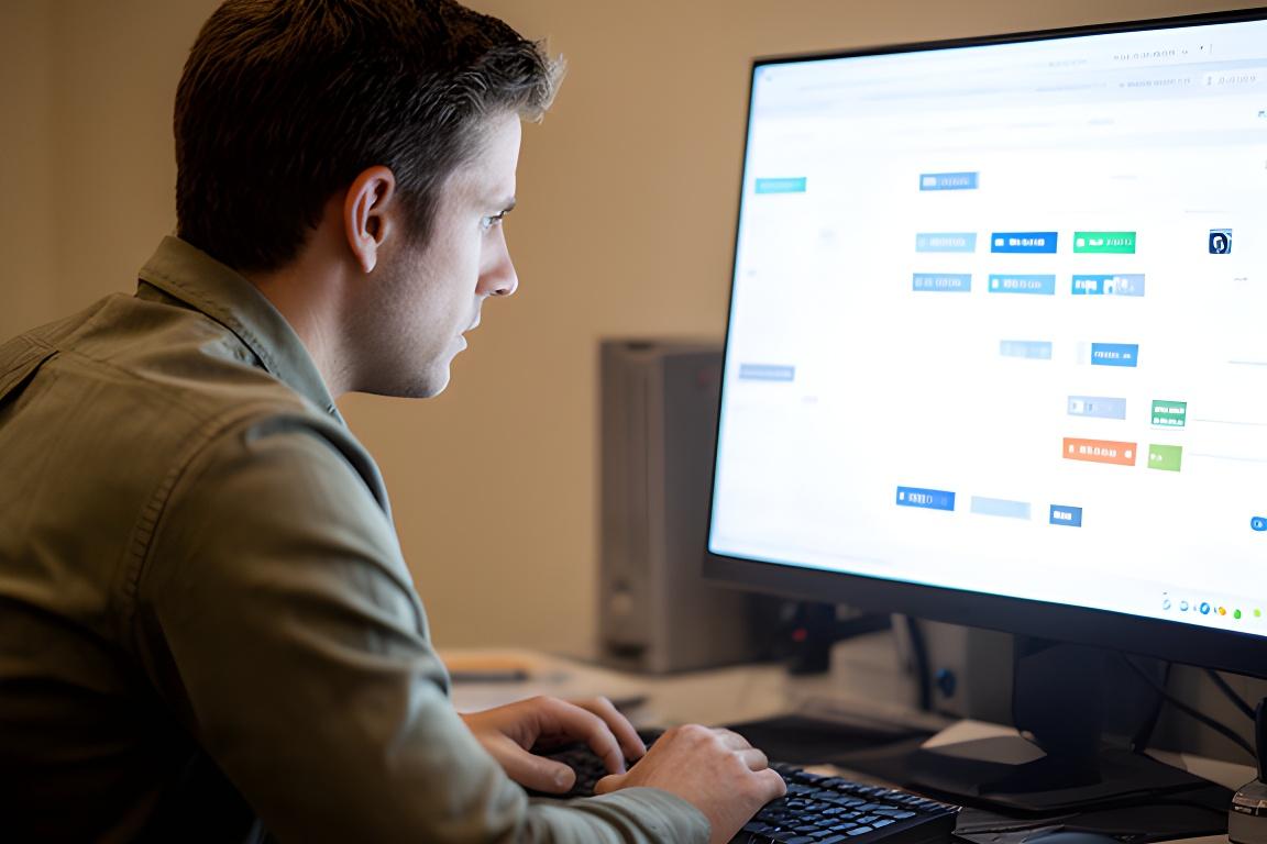 Support specialist at a desktop help desk reviewing database alerts beside a bright monitor