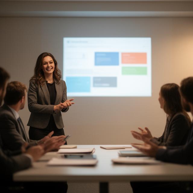 Lena Voitovich training a business team in a Glendale conference room with a database demo on screen