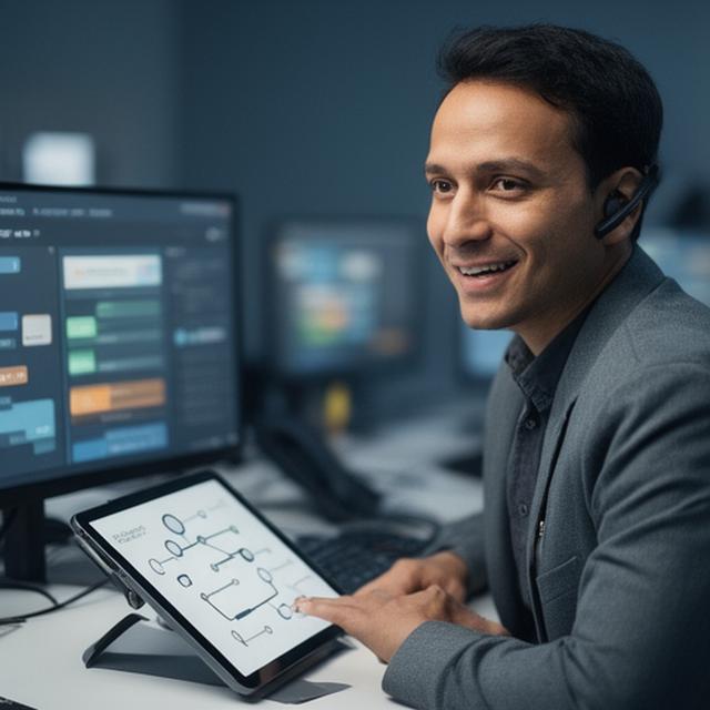 Michael Donovan answering a support call at a clean workstation with database diagrams nearby