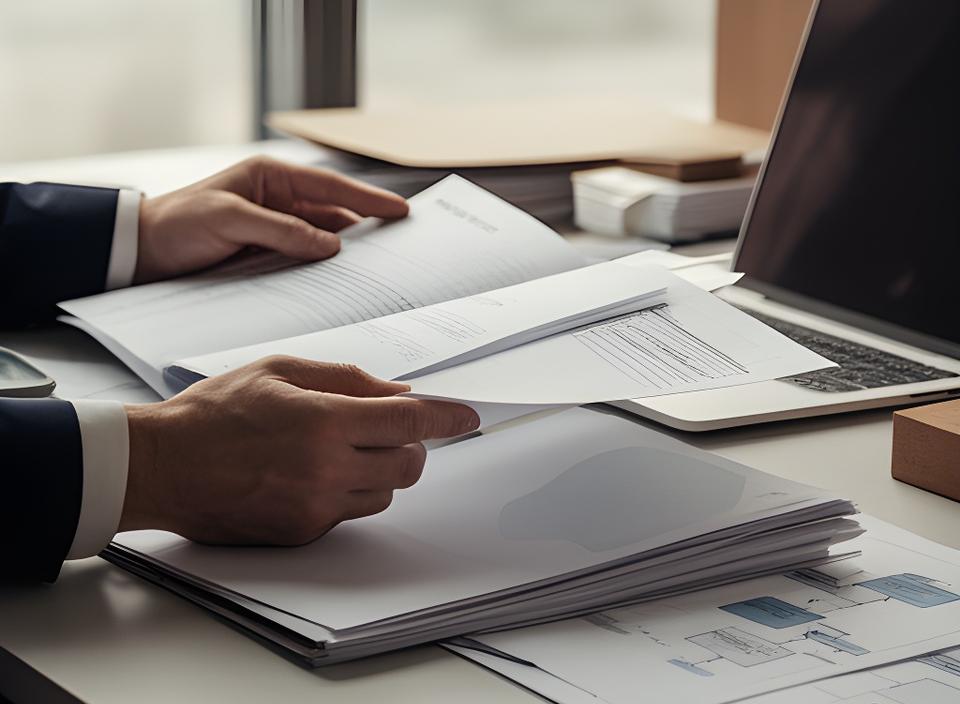 Close-up of a business consultant reviewing database service documents at a modern desk